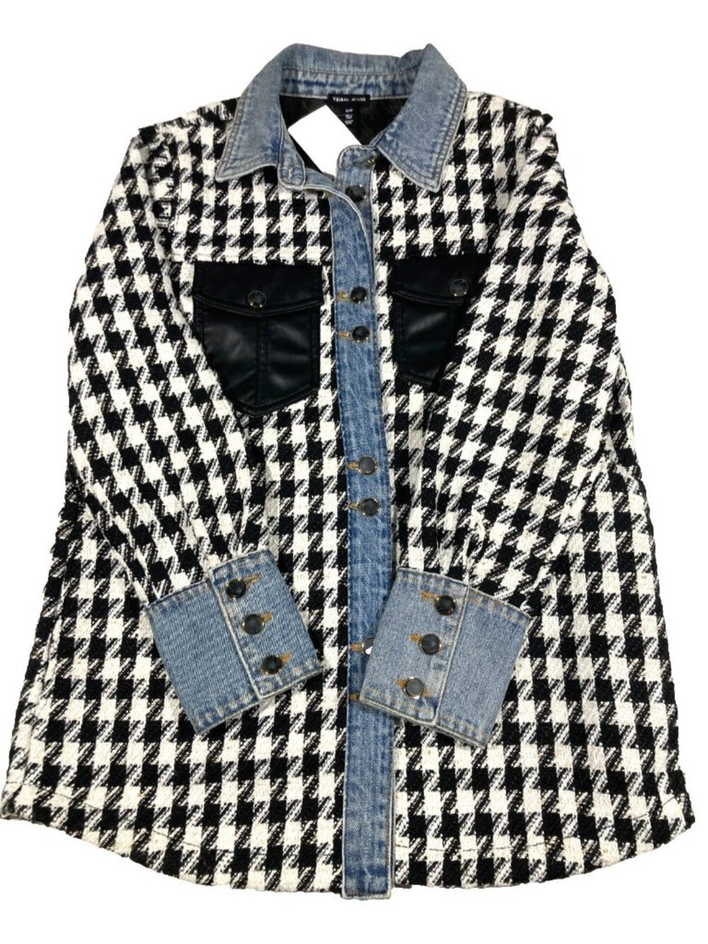 Tribal Jeans NWT Black White Gold Houndstooth Denim Trim Button Front Jacket M